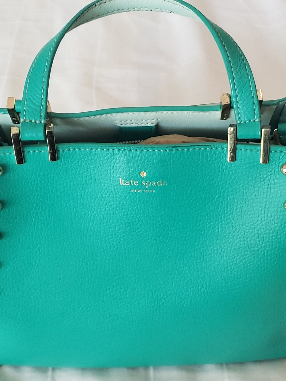 kate spade turquoise pebbled leather satchel with gold hardware